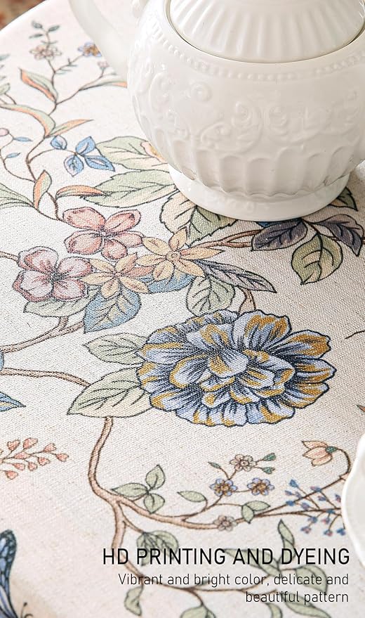 French Tablecloth for Round Tables,Linen Table Cloth with Flowers and Birds Pattern,Heavy Durable Table Cover for Dining Thanksgiving Kitchen Decor Party Christmas,Diameter 55"
