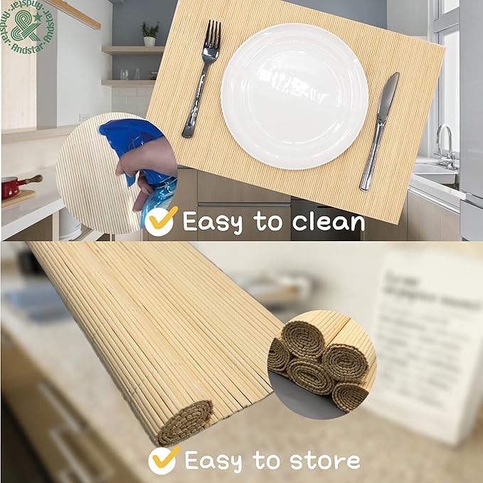 ANDSTAR Bamboo Placemats Set of 8 Waterproof - 12x18 Inch Reusable Table Mats for Dining, Eco-Friendly Heat Resistant Dishwasher Safe Kitchen Decor, Farmhouse Style Home Gift (Natural Color)