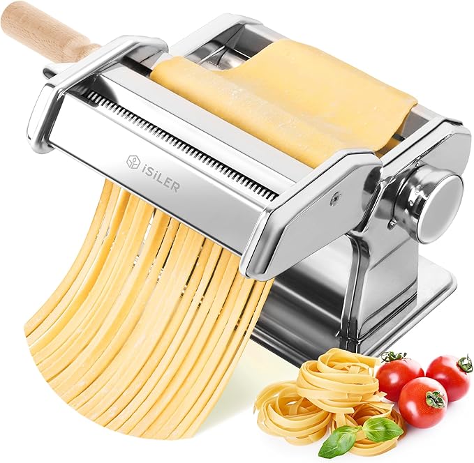 ISILER Pasta Maker, 9 Adjustable Thickness Settings 2 in 1 Pasta Machine with Rollers and Cutter, Noodle Maker for Dumpling Skin, Spaghetti, Fettuccini, Lasagna
