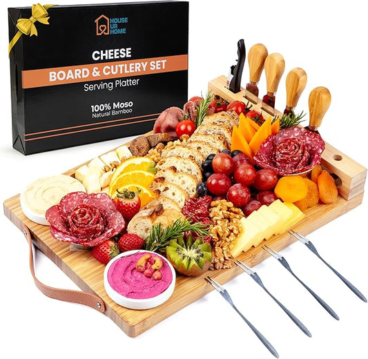 Bamboo Charcuterie Boards Gift Set with Leather Handles, Knife Set, Wine Opener, Ceramic Bowls & Forks, Recipe Book - House Warming Gifts New Home