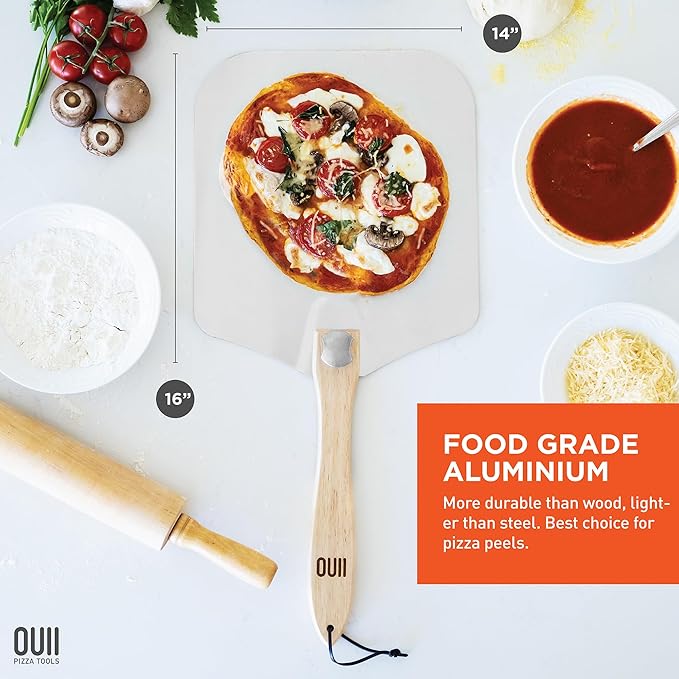 Pizza Peel - 16 x 14-inch Aluminum Metal Spatula Paddle for Extra Large Pizzas. Foldable Wood Handle for Easy Storage, Pizza Oven Accessories. Premium Tool for Baking Homemade Pizza Bread.