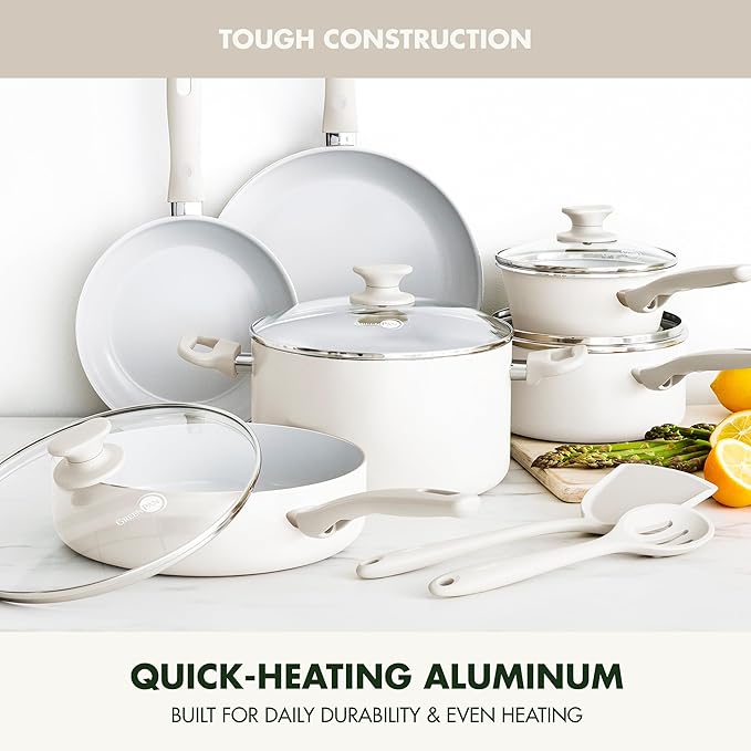 GreenPan Dover Healthy Ceramic Nonstick, 12 Piece Cookware Pots and Pans Set, PFAS-Free, Dishwasher Safe, Comfort Grip Handle, Cream White