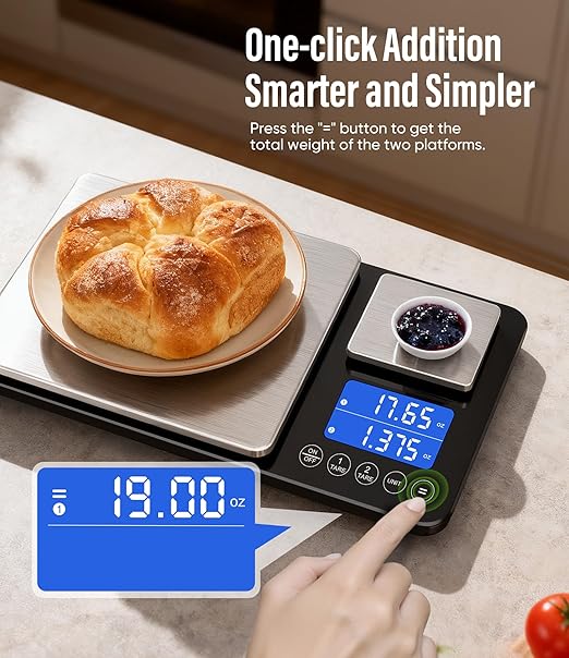 Digital Dual Platform Kitchen Scale, 33 lb Large & 1.1 lb Mini Food Scale with Dual-Line LCD Display, Stainless Steel, High Precision for Baking, Cooking, and Meal Prep