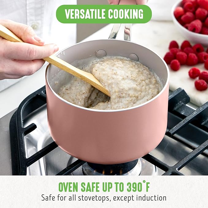 GreenLife 2 Quart Nonstick Saucepan with Lid, Lightweight Healthy PFAS-Free Milk Pan, Dishwasher & Oven Safe Soup Pan, Durable Body, Silicone Stay-Cool Handle, Easy Release Chef’s Pan, Pink