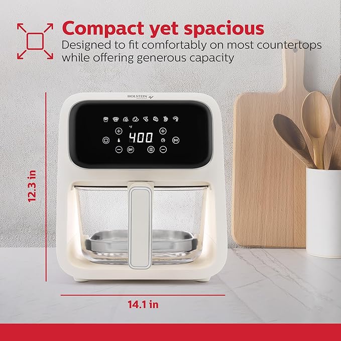 Holstein Housewares 4.2 QT Digital Air Fryer with Glass Basket, With Hot Air Technology, Up to 400° & Non -Stick Frying Pan for Less Oil Use. Air Fry, Bake, Grill, Dehydrate & Roast Healthy Meals