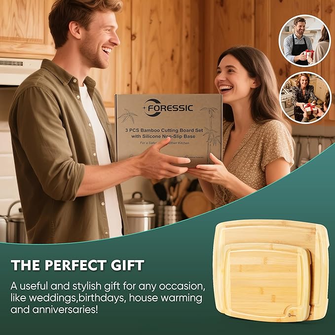 Bamboo Cutting Board Set Non Slip Feet Butcher Block 2-Pcs With Smooth Surface Knife-Friendly and Easy Storage For Kitchens Meal Prep & Serving Kitchen Gadgets