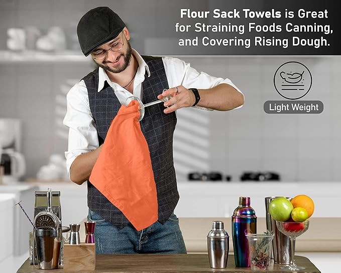 RUVANTI Flour Sack Towels 4 Pack 28x28 Inch, 100% Cotton Tea Towel, Reusable, Machine Washable, Absorbent BarTowels - Dish Cloth Perfect for Drying Dishes & Cleaning - Orange