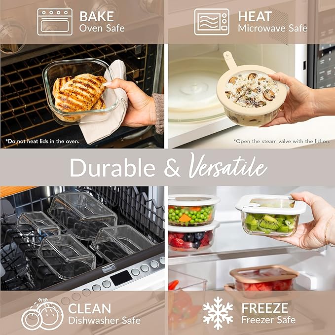 Bentgo Signature Leak-Proof Glass Food Storage - 12-Piece Set, 1-Compartment Plastic-Free Containers with Airtight Glass Lids, BPA-Free, Microwave, Freezer, Oven & Dishwasher Safe (White Stone)