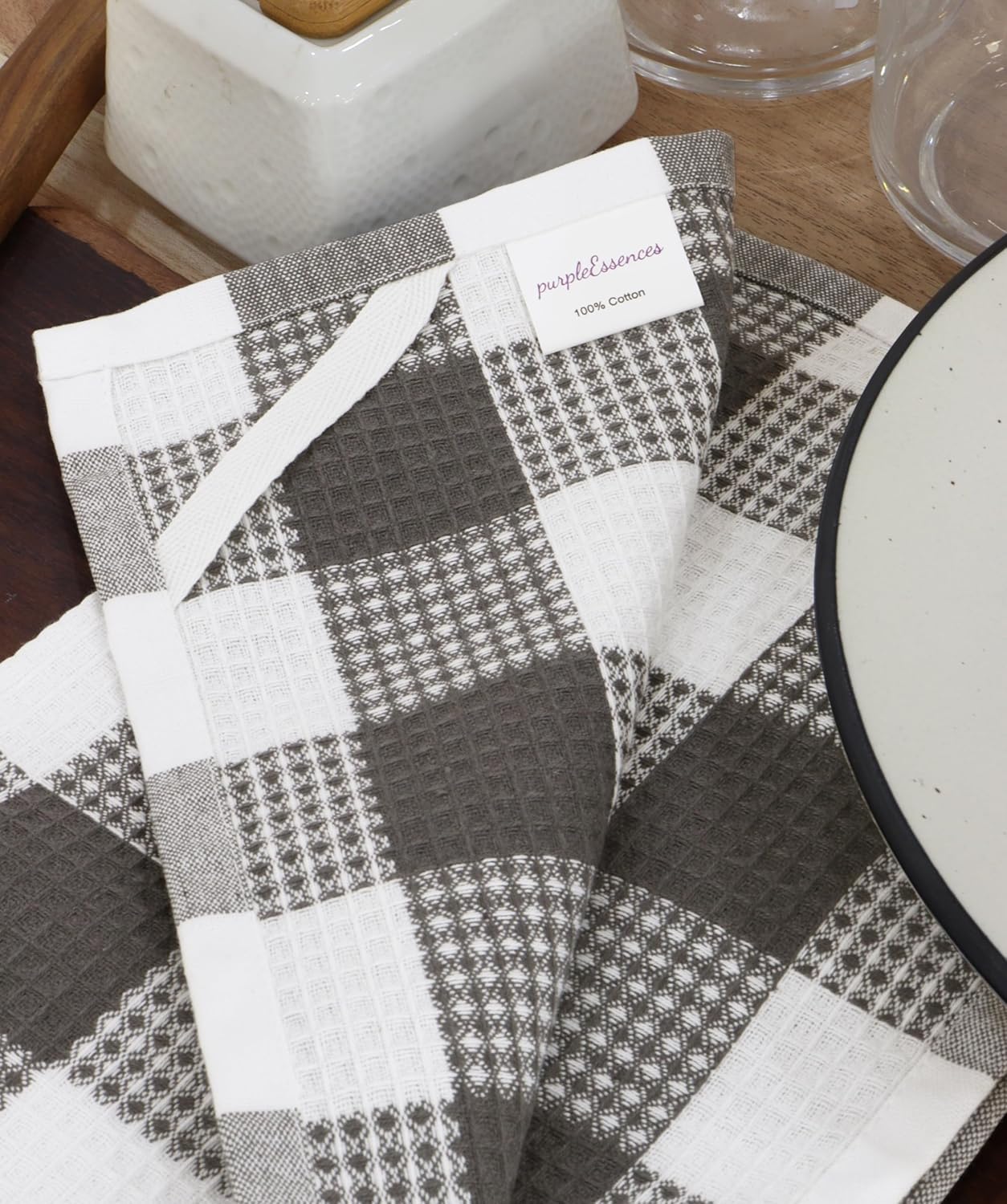 PurpleEssences 100% Cotton Waffle Weave Check Plaid Kitchen Towels, Super Soft and Absorbent Dish Towels for Drying Dishes 15 x 25-4 Pack - Spring Summer - Steel Grey and White