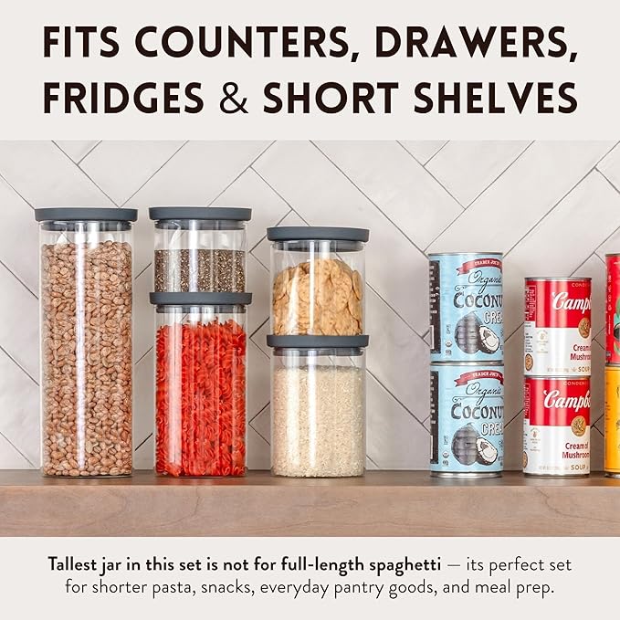 Glass Airtight Food Storage Containers with Silicone and Glass Lids – BPA-Free Jars and Canisters for Pasta Rice Flour, Dry or Wet Foods, Pantry Meal Prep – Set of 5 with Portion Tool