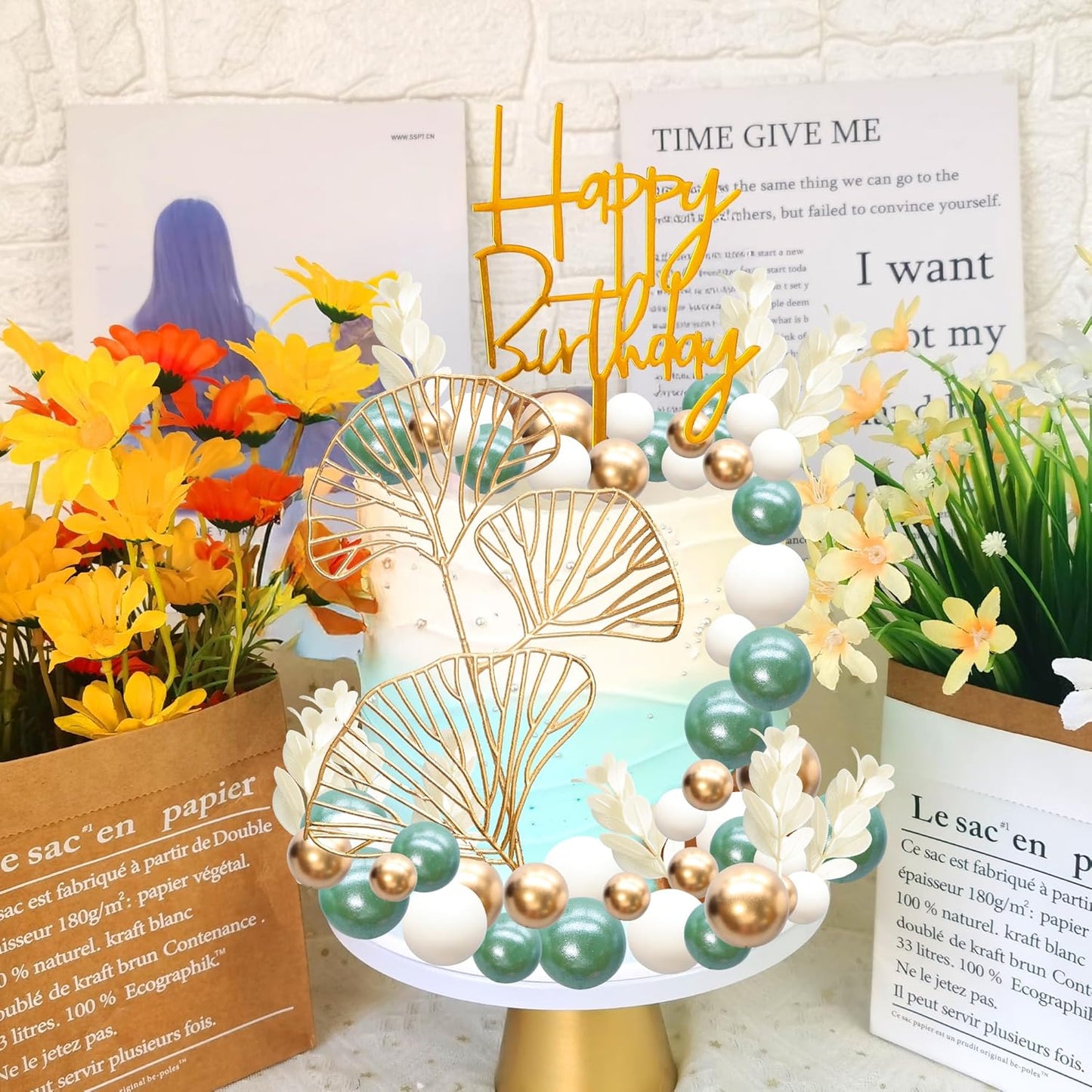 Gyufise 57Pcs Balls Cake Topper Boho Grass Cake topper Pearl Balls Acrylic Happy Birthday Cake Decorations for Wedding Baby Shower Birthday Boho Themed Party Supplies Pearl Green