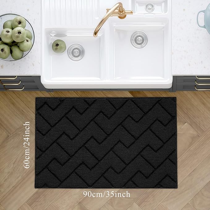 hicorfe Kitchen Rugs and Mats Sets,Super Absorbent Polypropylene Non-Slip Rug,Soft Comfort Floor Mat,Washable for Kitchen,Hallway,Office,Sink,Laundry(24" x 35",Black)