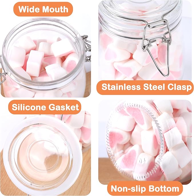 Glass Containers With Lids 16 Oz Wide Mouth Airtight Jars With Locking Lids 2 Pack Food Storage Canisters For Pantry Fridge Kitchen Rubber Sealed Glass Jars For Cereal, Oats, Sugar, Flour,Nuts,Candy