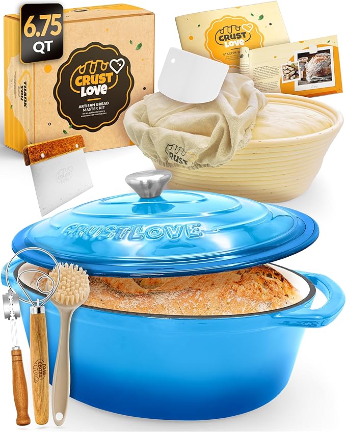 Dutch Oven for Bread Baking - incl. Sourdough Bread-Baking Supplies like Banneton Bread-Proofing Basket - 6.75QT Enameled Oval Cast Iron Bread-Oven with Lid, Baking Pan, Scoring Tool, Lame