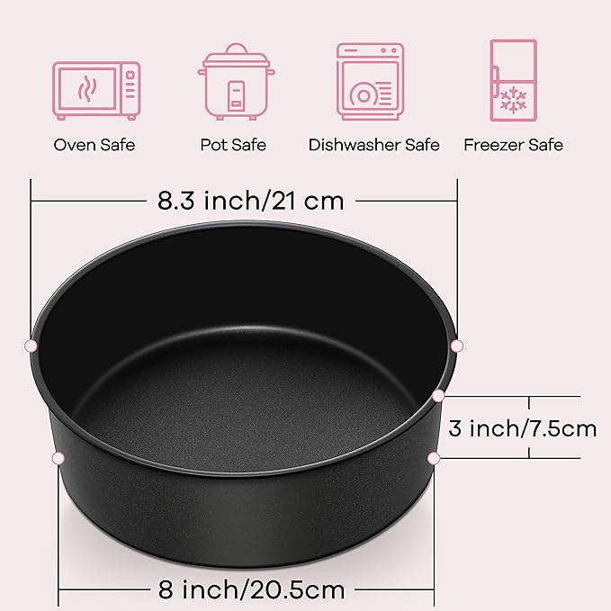 Herogo 8 Inch Cake Pan Set of 2, Stainless Steel Black Nonstick 3'' Deep Round Baking Pan, for Birthday Wedding Layer Cake Bakeware, Non Toxic, Oven & Dishwasher Safe