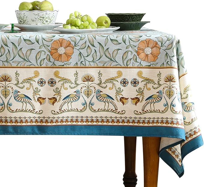 patdrea Designer French Linen Blue Tablecloth for Rectangle Table,Vintage Floral Table Cloth,Colorful Decoration Fall Cover Kitchen Dining for Thanksgiving,Christmas,67"x118"-Wensel