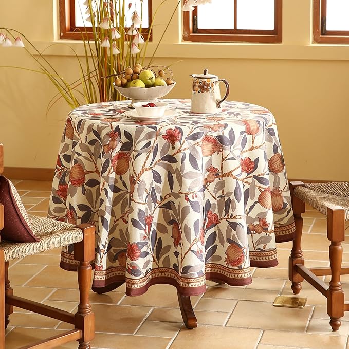patdrea Designer Brown Tablecloth for Round Tables,Framhouse Linen Pomegranates and Leaves Tree Linen Tablecloth,Fall Fruits Table Cover Cloth Decor for Kitchen Dining Christmas,Diameter 55"