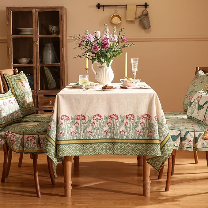 patdrea Designer Green Tablecloth for Square Tables,Vintage Linen with Leaves and Flowers Pattern Tablecloths,Farmhouse Floral Table Cover Cloth Decor for Kitchen Dining Christmas,67"*67"