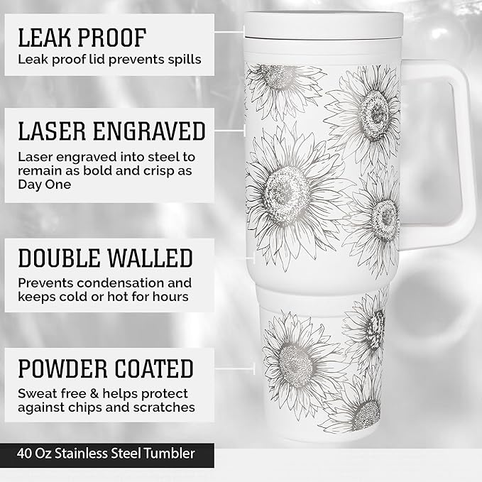 Engraved Sunflower 40oz Insulated Tumbler with Handle, Lid & Straw - Use for Water, Tea, Coffee & More-Disabled USMC Vet Owned Small Business - Sunflower 40oz Tumbler