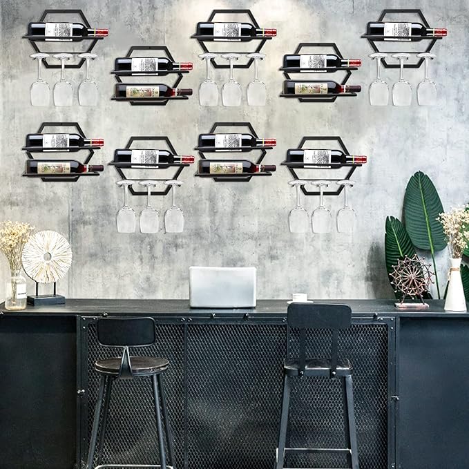 2Pcs Wall Mounted Wine Bottle Stemware Rack, Metal Hanging Wine Display Holder with 3 Stemware Glass Organizer, Red Wine Racks for Home Kitchen Bar Decor (Black) (A2)