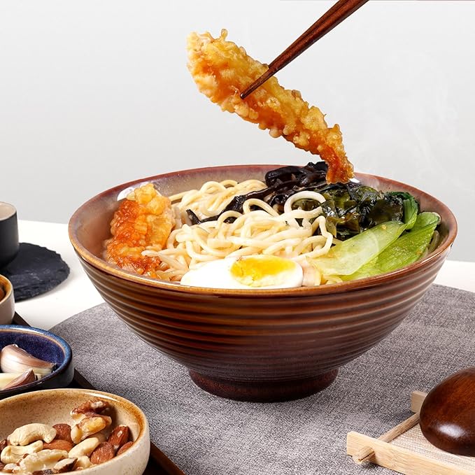 NUTRIUPS 8 Inch Ceramic Ramen Bowl Set of 2 Pho Bowls 40oz Japanese Noodle Udon Soup Bowls with Spoons and Chopsticks (Sunbaked Clay)