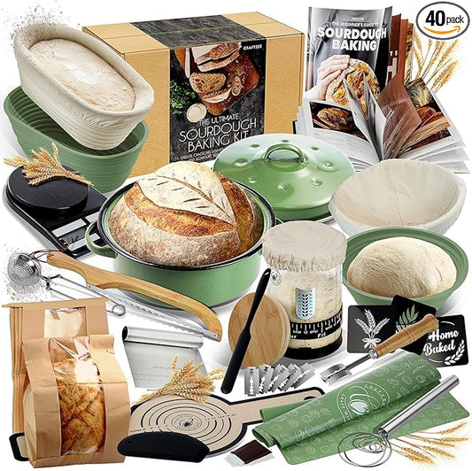 All-Inclusive 𝗣𝗥𝗘𝗠𝗜𝗨𝗠 Sourdough Starter Kit with Pot, 34 Oz Starter Jar, 4 Banneton Bread Proofing Baskets, Scraper, Scale, Sourdough Bread Baking Supplies, Detailed Beginner Guide & Recipes
