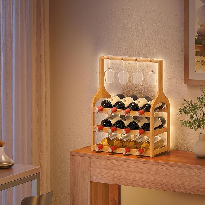 Wine Rack Countertop for 12 Wine Bottles and 4 Glass Holder, Small Bamboo Free Standing Racks Tabletop Display, Wooden Wine Storage Organizer for Cabinet Pantry Kitchen Bar Home Dining Room (Natural)