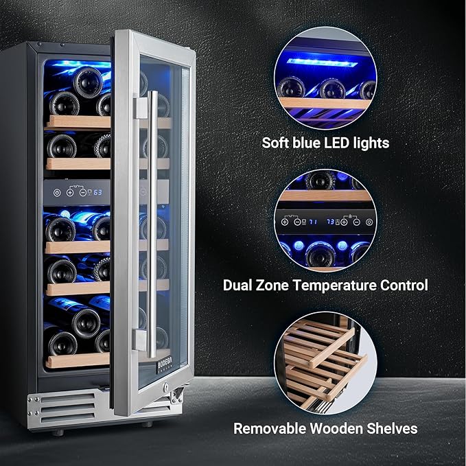 BODEGA 15 Inch Wine Cooler Under Counter, 30 Bottles Dual Zone Wine Fridge, with Double-Layer Glass Door, Temperature Memory and Digital Temperature Control, Built-in or Freestanding