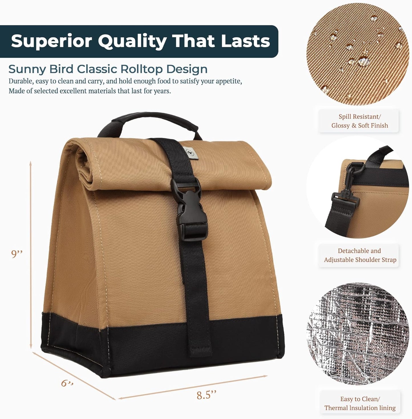 SUNNY BIRD Insulated Lunch Bag Rolltop Lunch Box Tote Bag for Women, Men, Adults and Teens (Brown)