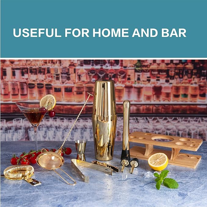 11-Pcs Cocktail Shaker Set Gold,Bartending Kit Stainless Steel Shakers 25oz Bar Kits for Bartender Mixing Set Barware Tool Sets for Professional Bartender and Home