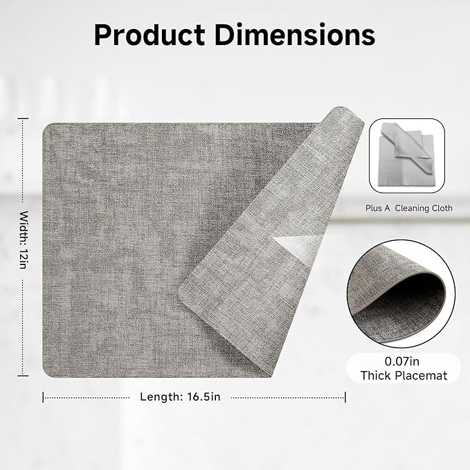 Faux Leather Vinyl Placemats Set of 4 Wipeable Heat Resistant Place Mats 100% Washable - Waterproof - Anti Slip Reversible Table Mats for Kitchen/Dining/Party/Outdoor, 12" x 16.5", Dark Grey