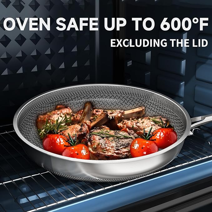 LOLYKITCH 12 In Nonstick Frying Pan Skillet with Lid, Ceramic Coating, Tri-ply Stainless Steel, Induction Compatible, PFOA-free, Oven Safe to 600°F, Dishwasher-safe, Detachable Handle