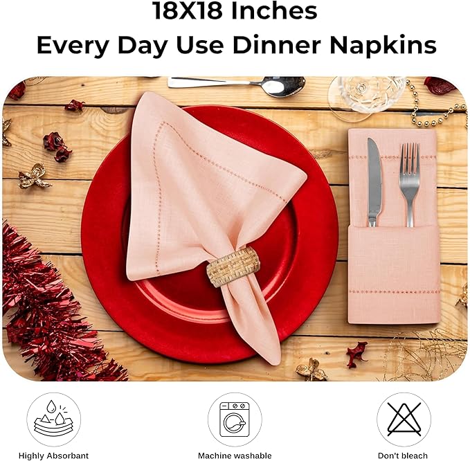 Bedding Craft Linen Napkins Set of 4 Rose Water -100% Linen Size 18"x18" with Retail Gifting Package,Wedding, Dinner Napkins, Fabric, Machine Washable Dinner Hemstitched