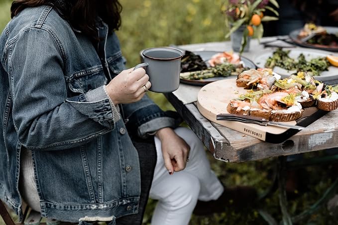 Barebones Enamel Cup Set- Enamel Coffee Mugs Set of 2 16-oz - Stainless Steel Rim Camping Mug for Indoor and Outdoor Use (Slate Gray)