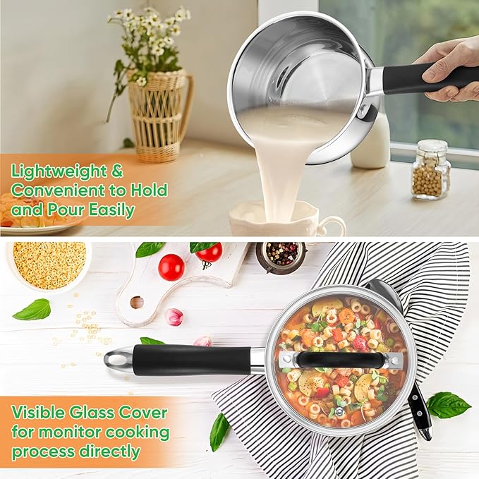 P&P CHEF 1 Quart Sauce Pan with Lid, Stainless Steel Saucepan, Small Milk Pot for Multipurpose Cooking, Visible Glass Lid & Stay-cool Silicone Handle & Tri-Ply Base, For All Stoves & Dishwasher Use