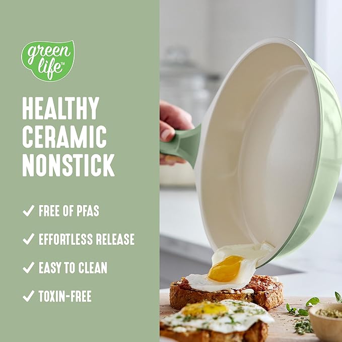 GreenLife 8 Piece Ceramic Nonstick Cookware Set, Induction Suitable Non Toxic PFAS-Free Pots & Pans, Dishwasher Safe, Cooking Set, Stock Pot, Saucepans & Frying Pans, Kitchen Cooking, Sage Green