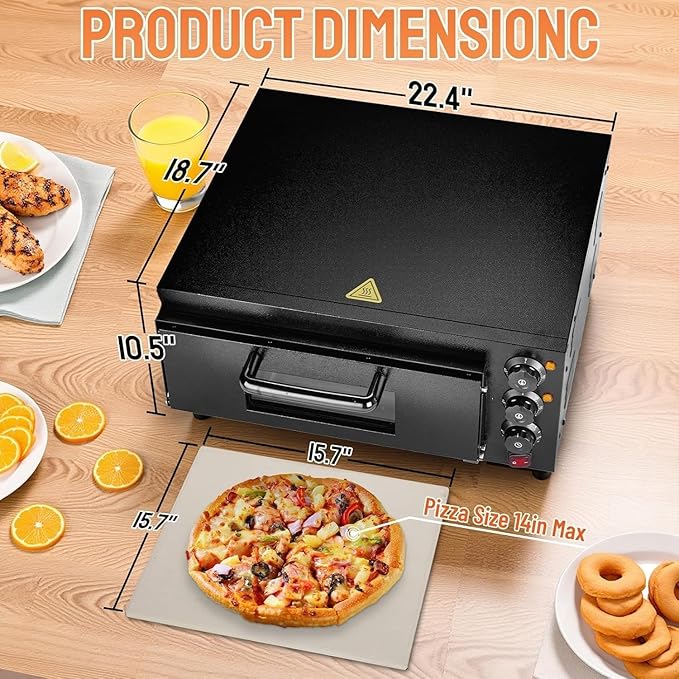 ROVSUN Electric Pizza Oven, 110V 1800W Stainless Steel Pizza Baker with Auto Shut-off, Handle, Removable Crumb Tray, Countertop Pizza Maker for Kitchen Commercial Home-Black