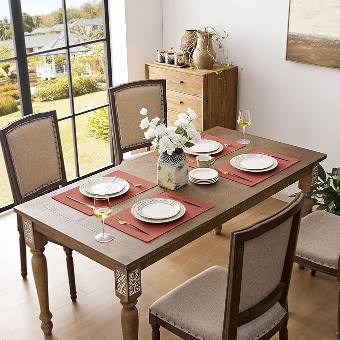 Romanstile Cloth Placemats Set of 8-12 x 18 Inch, Heat Resistant Double Layered Thickened Burlap Fall Place Mats, Washable Faux Linen Farmhouse Table Mats for Kitchen/Dining/Party/Outdoor, Orange