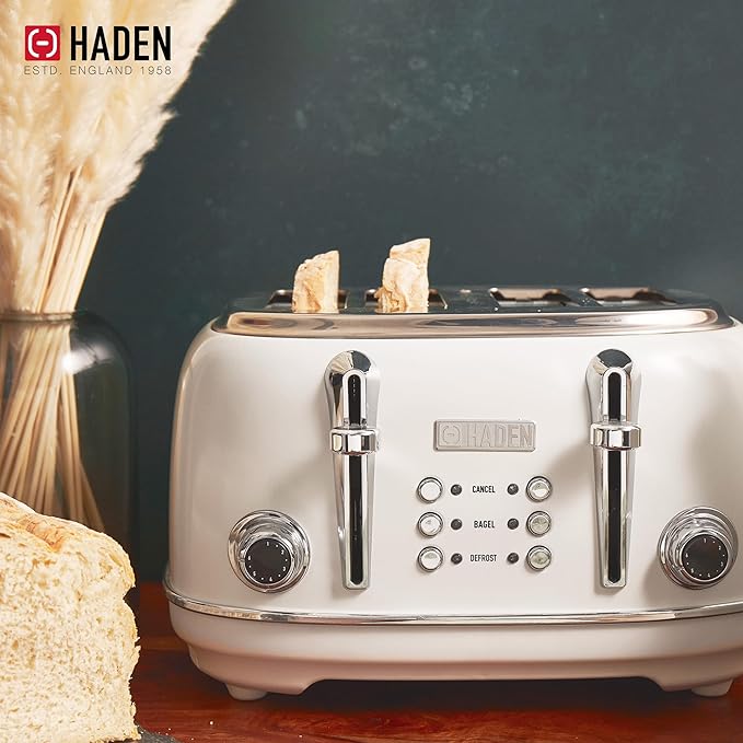 HADEN Heritage 4-Slice Toaster with Extra Wide Slots, 1500-Watt, Ivory & Chrome - Retro Stainless Steel Design with Self-Centering Function, Adjustable Browning Control & Removable Crumb Tray