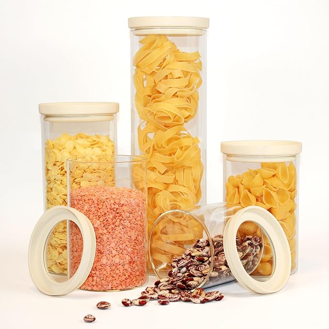 Urban Green Glass Food Storage Jar with Glass Lid, Food Canister Set with Airtight Lids, Pantry Jars for Kitchen Organization, Food Storage Containers in Set of 5