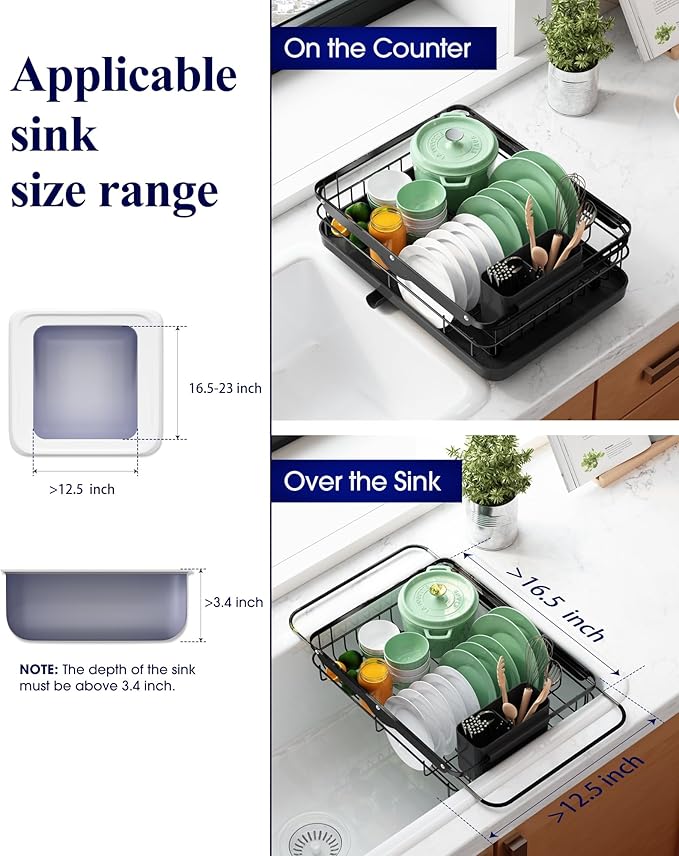 Kitsure Dish Drying Rack for Kitchen Counter, Stainless Steel Sink Organization and Storage Essentials with Cutlery Holder, Home and Appartment Decor, 12.2''W x 15.7''~23''L, Black