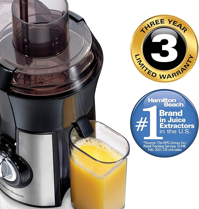 Hamilton Beach Juicer Machine, Big Mouth 3” Feed Chute for Whole Fruits and Vegetables, Easy to Clean, Centrifugal Extractor, Vegetable & Fruit Juicer, BPA Free, 800W Motor, Stainless Steel
