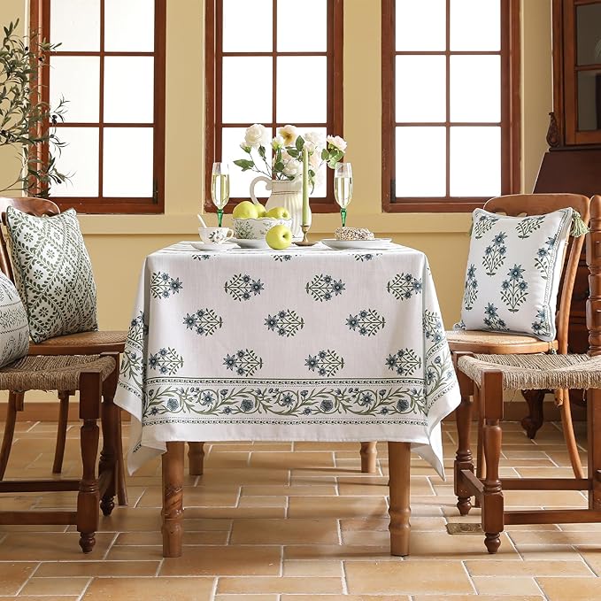 Floral Tablecloth for Rectangular Tables,Linen Table Cloth with Blue Flowers and Green Leaves,Heavy Durable Table Cover for Dining Thanksgiving Kitchen Party Banquet Christmas,67"*118"