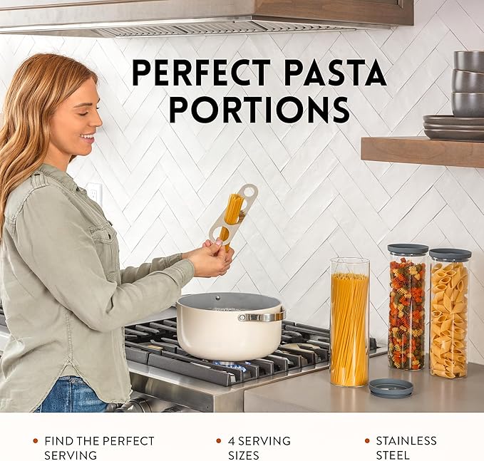 Glass Spaghetti Containers with Airtight Silicone Lids – BPA-Free Pantry Storage Jars for Pasta, Rice, Flour, and Dry Foods – Set of 3 with Portion Tool