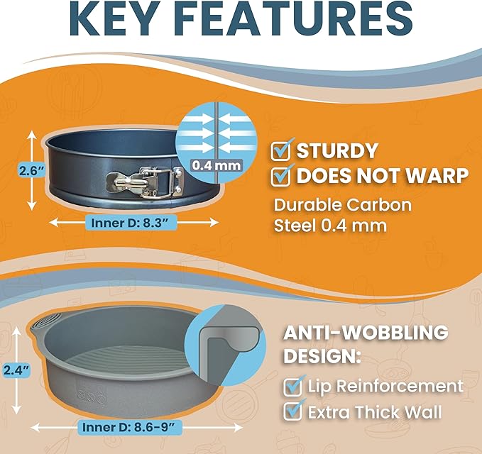 8 Inch Springform Cake Pan NONSTICK - Cheesecake Pan with Silicone Sleeve – NO LEAKS in Water Bath - No Foil Wrap Needed - Easy Cake Release – Sturdy Build - Heavy-Gauge Carbon Steel 0.4 mm