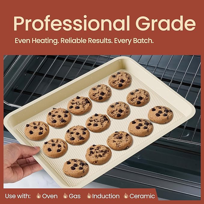 Diamond Bottom Cookie Sheet Set of 2, Nonstick White Marble Carbon Steel Baking Pans for Crisp Baking, Space-Saving Stackable Trays, PFOA, PFOS, PTFE Free, Oven Safe Up to 450°F, Small & Medium Pans