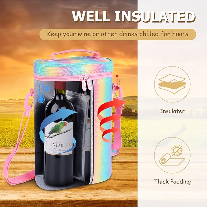 Tirrinia 2 Bottle Wine Gift Tote Carrier - Leakproof & Insulated Padded Versatile Wine Cooler Bag for Travel, BYOB Restaurant, Wine Tasting, Party, Dinner, Gift for Wine Lovers, Rainbow