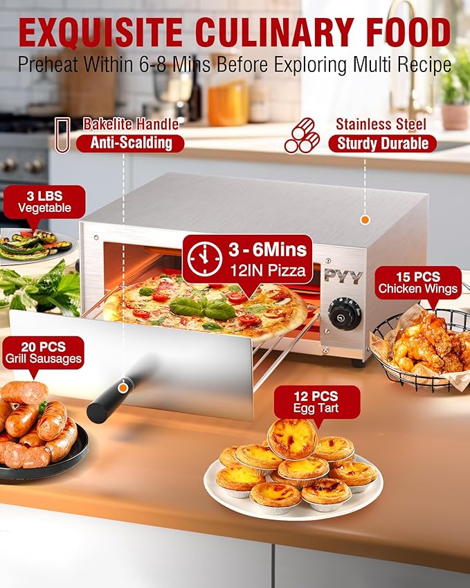 PYY Commercial Pizza Oven Electric - 12 Inch Tabletop Pizza Oven Indoor Stainless Steel Professional Pizza Cooker Baker Countertop with Timer & Crumb Tray for Home Restaurant 1100W,Silver