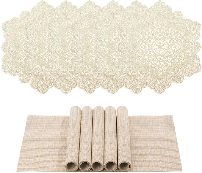 BACKTOEDEN Placemats Set of 6 Heat Resistant Washable Wipeable Placemats Woven Non-Slip Foldable Vinyl/Plastic Placemat Indoor/Outdoor Place Mats Kitchen Dining Table Mats, Gold Snowflake & Beige