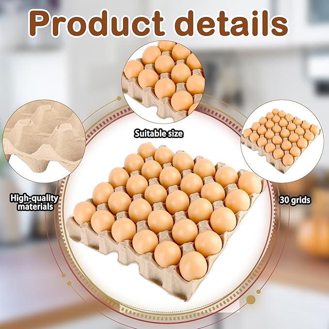 24 Pcs Pulp Egg Flat Cartons 30-Cell Biodegradable Paper Eggs Crates Sturdy Stackable Egg Trays for Kitchen Supermarket Farm Restaurant